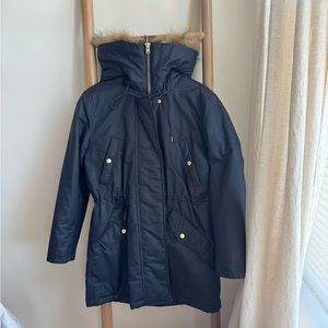 J Crew Perfect Winter Waxed Parka Primaloft Faux Fur Small in Navy